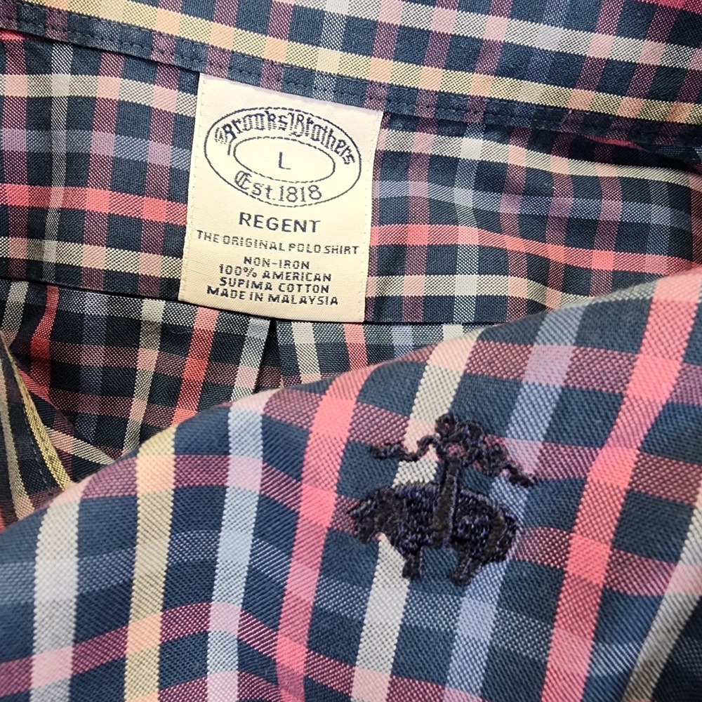 Brooks‎ Brothers 1818 Men's L Regent Blue Pink Plaid Long Sleeve Button Shirt